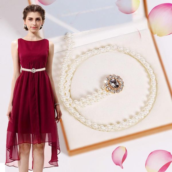 

fashion sweet pearl waist chain belts for women dresses sweater female ladies metal chain femme pearl style belt body chain#1127, Black;brown