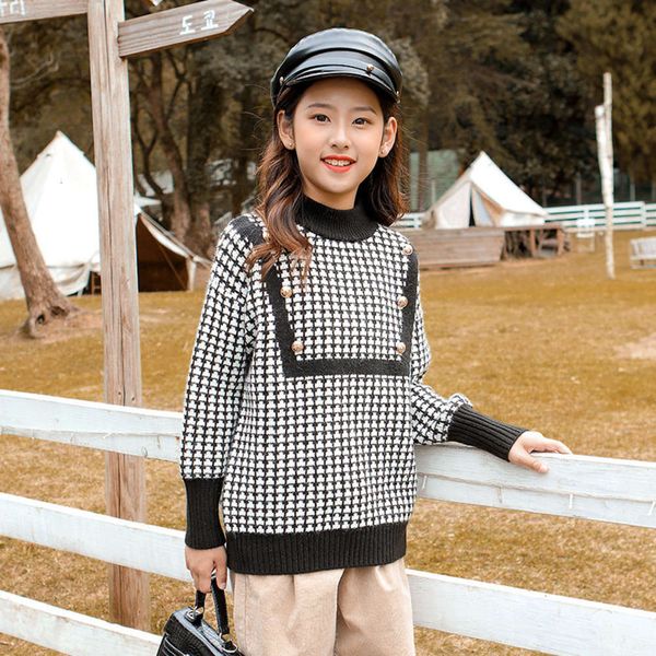

girls' thousand bird check small fragrance sweater clothing korean version foreign sle middle school children's t-shirt 2020, Black
