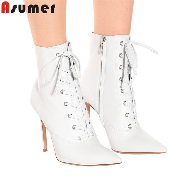 

asumer plus size 35-47 fashion ankle boots for women pointed toe zip super high thin heels lace up ladies shoes women boots, Black