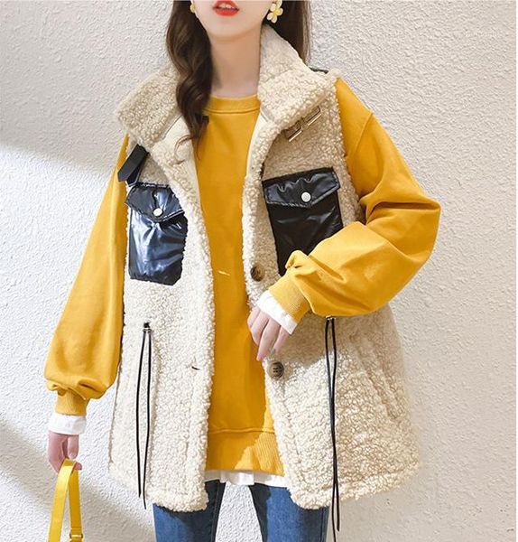 

new wool waistcoat women fashion color blocking pocket tunic lace-up lamb wool vest women casual warm gilet femme good quality1, Black;white
