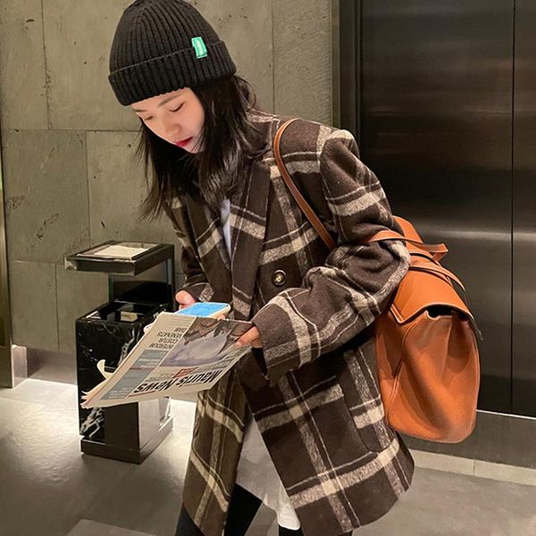 

women's wool & blends [ewq] 2021 winter office lady fashion casual turn down collar long-sleeved minimalist panelled plaid woolen overc, Black