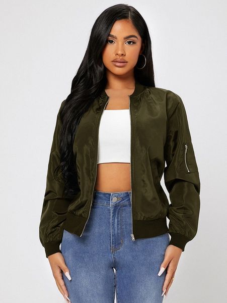 

petite zip up bomber jacket x16p#, Black;brown