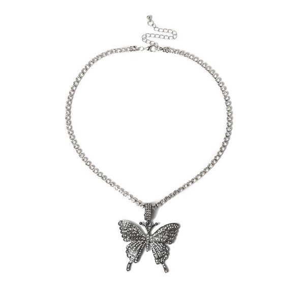 

statement big butterfly pendant necklace hip hop iced out rhinestone chain for women bling tennis chain crystal animal choker jewelry fashio, Silver