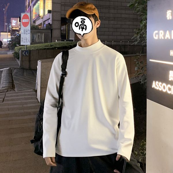

spring solid color long sleeve t-shirt men's fashion brand casual clothing trend loose versatile half high collar bottom shirt, White;black