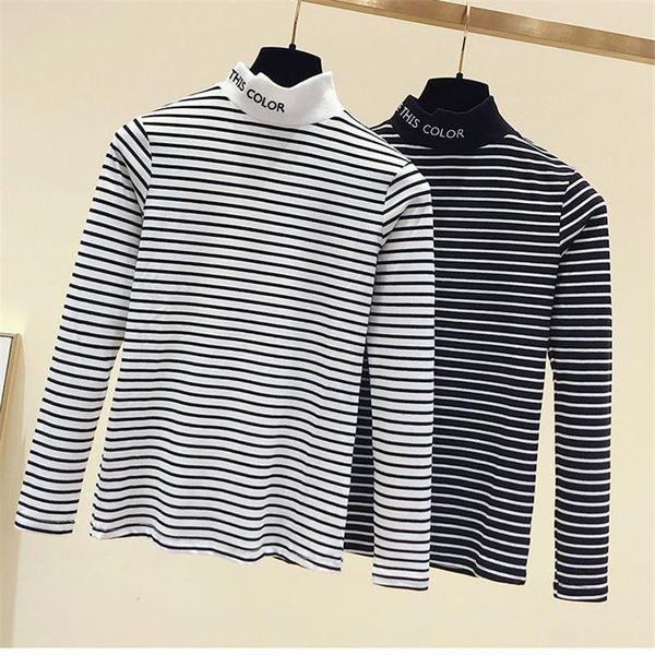 

autumn fashion women causal loose stripe long sleeve kitted turtleneck t-shirts lady girls basic tee t shirts, White