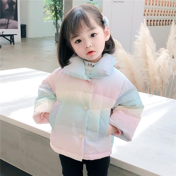 

down coat girls rainbow jacket 2021 winter kids western style thicken padded clothes children lapel cotton wear, Blue;gray