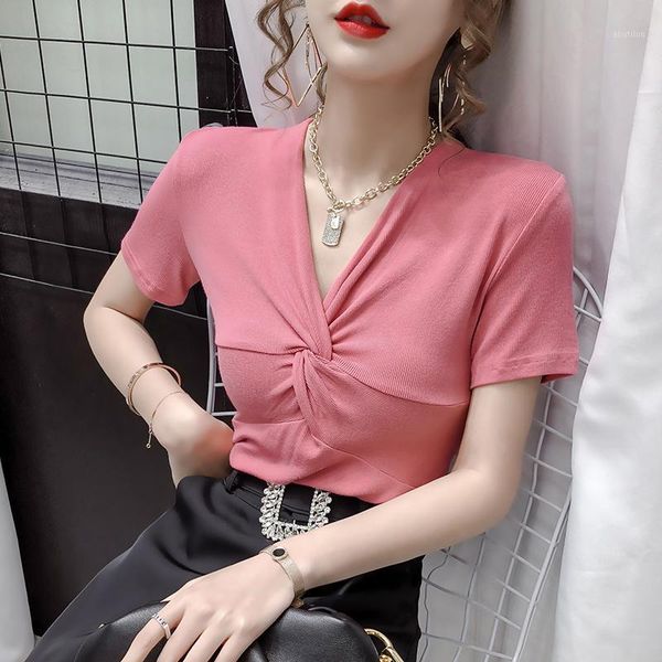 

women's t-shirt women's short sleeve criss-cross v-neck tshirt girls soft stretchy t-shirts for female 2021 summer gt9051, White