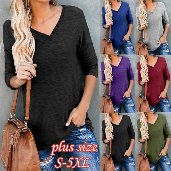 

2020 long-sleeved loose and plus-sized t-shirt solid color and v-neck comfortable fashion simple casual women's t-shirt s-5xl1, White