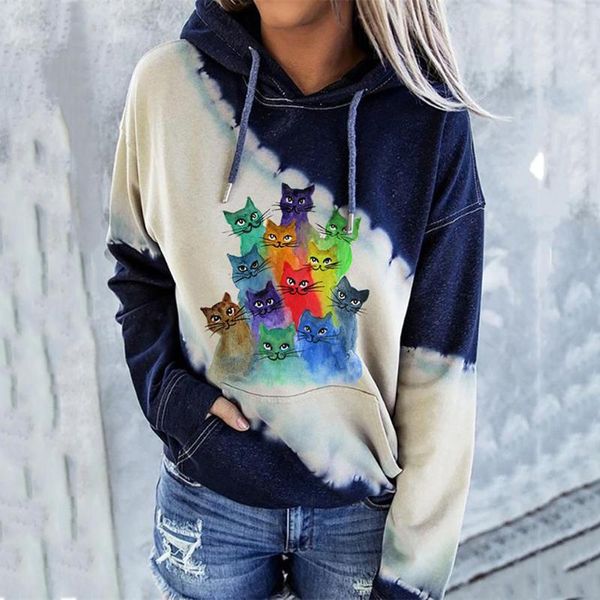 

fashion hoodies women rainbow cat print long sleeve color block tie dye print pockets vintage sweatshirt harajuku hooded new, Black