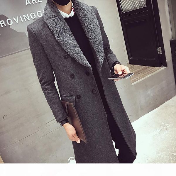 

long trench coats mens fur collar long coats double breasted gabardina mens overcoat slim fit woolen winter jacket vintage, Tan;black