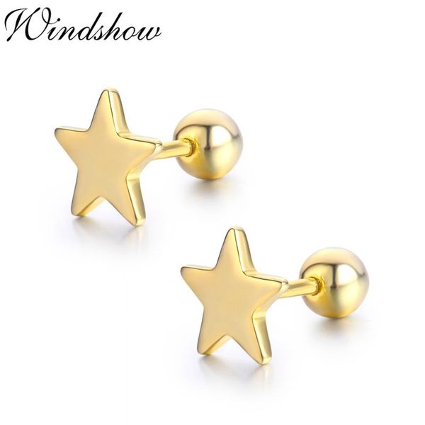 

cute 925 sterling silver gold color five point star screw back stud earrings for women girls kid piercing jewelry orecchini aros, Golden;silver