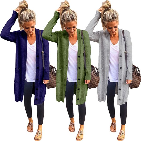 

women button knit cardigan sweater long coat fashion casual coat cloak, Black