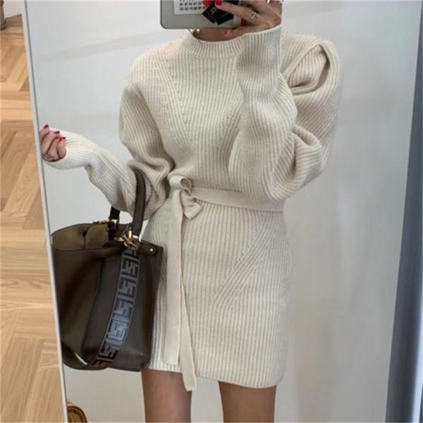 

2021 new dressed in elegant women's solid mesh the loose neck puff sleeves sash lace up knitted waist mini dress above knee spring uury, Black;gray