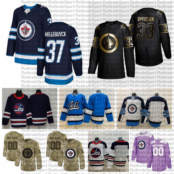 

2021 customize #37 connor hellebuyck winnipeg jets jerseys golden edition camo veterans day fights cancer custom stitched hockey jerseys, Black;red