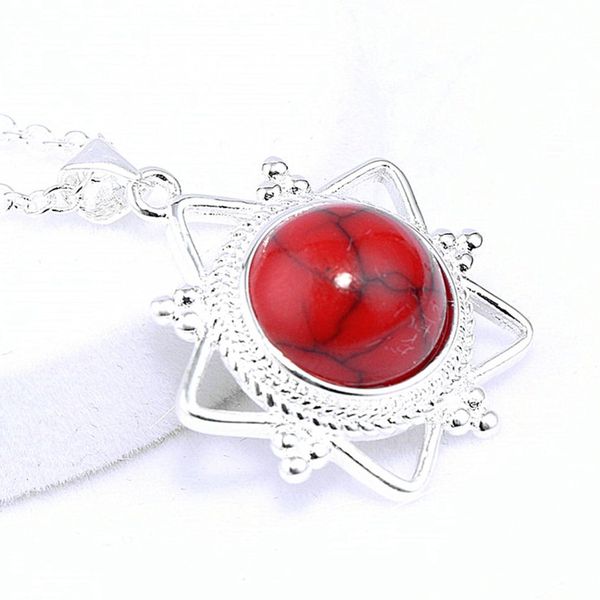 

10 pcs silver plated round cabochon red and green turquoise stone pendant link chain necklace fashion jewelry