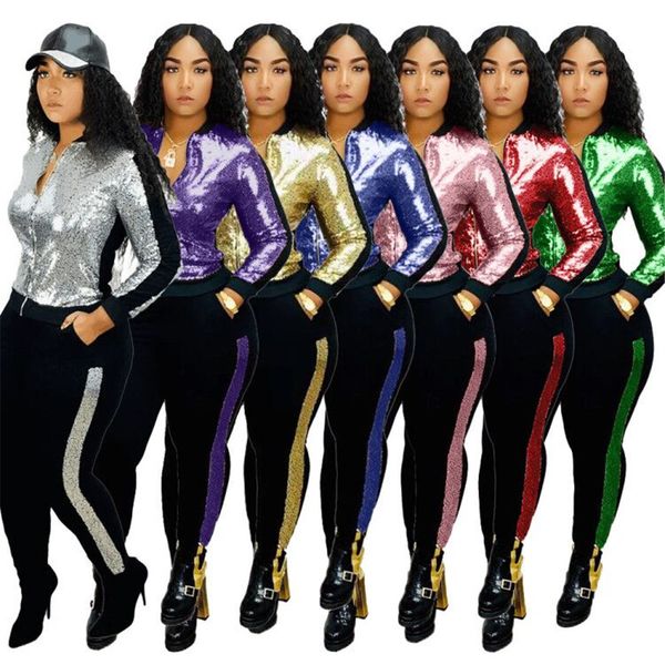 

9600#2020 women's clothing autumn and winter new fashion sequins casual two piece women's wear, White