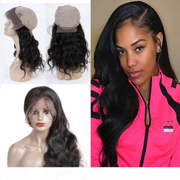 

brazilian virgin hair lace front wigs with baby hair 18 inch body wave 360 full lace frontal wigs natural color can be dyed, Black;brown