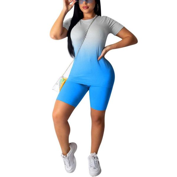 

women 2pcs sport set tie dye short sleeve round neck slim t-shirt high waist elastic short pants shorts tracksuit set, Gray