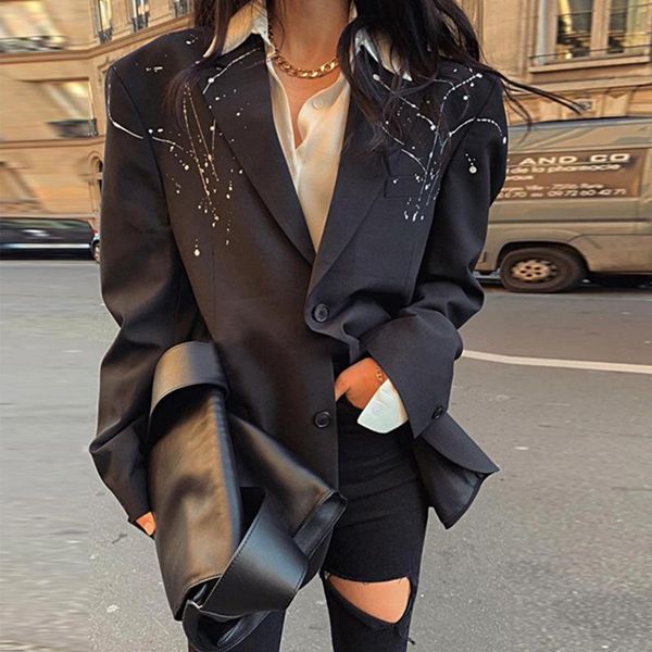 

2021 autumn new korean splash-ink western style casual black women's suit blazer harajuku vintage street wear gothic clothes, White;black
