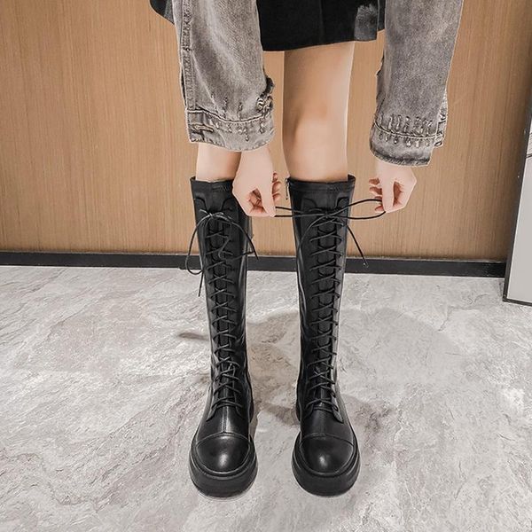 

2020 autumn new boots women elasticity thick soled non-slip high boots zipper lace-up knee-high soft leather female black