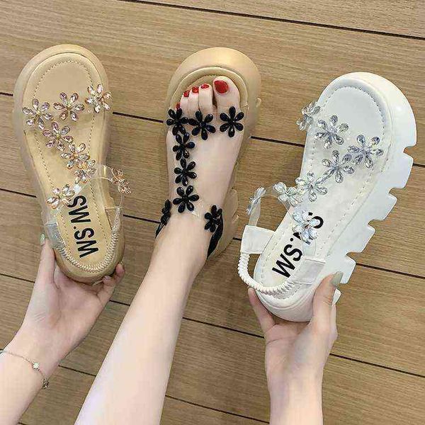 

sandals high heels women summer new luxury rhinestone flower platform shoes trendy roman style elastic band wedges sandals 220307, Black