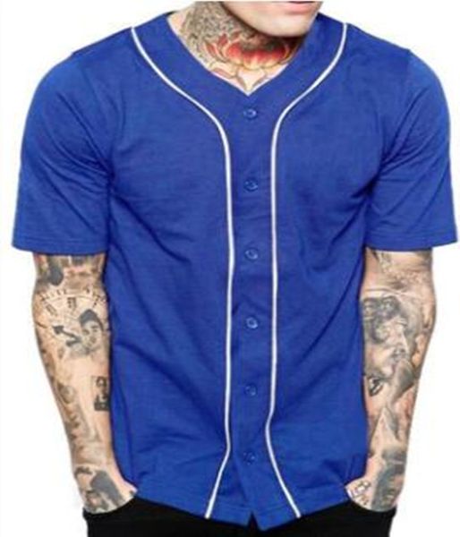Дешевые мужчины бейсбол джерси футболка с коротким рукавом улица хип-хоп бейсбол верхний рубашка кнопка синяя твердая спортивная рубашка
