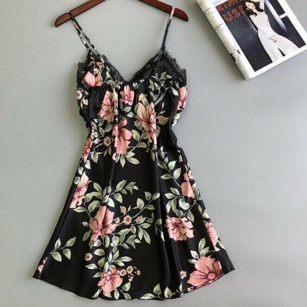 

nightgown for women lace sleepwear skirt silk nightgown vneck sleeveless padded floral print nightdress ladies nightwear1, Black;red