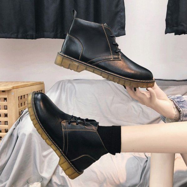 

boots eagsity work for women motorcycle high ankle short casual winter snow square heel lace up shoes, Black