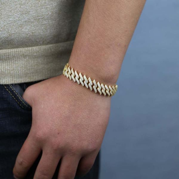 

link, chain iced out bling hip hop rock punk cz bracelet bangle for boy men mirco pave spike 15mm wide cuban wholesale, Black