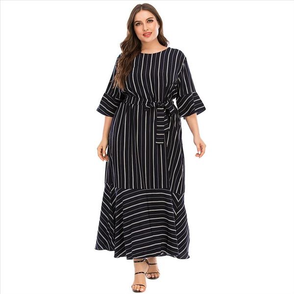 

plus size woman dress 2020 autumn flare three quarter sleeve striped print casual dress belted patchwork maxi long dresses, Black;gray