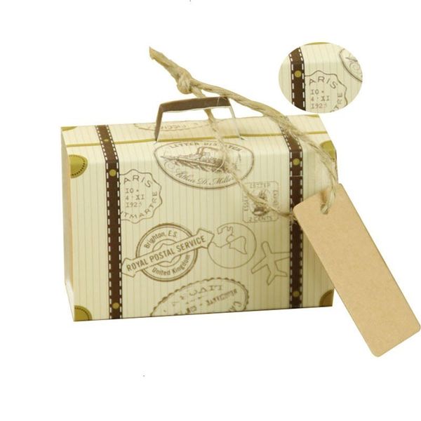 

factory price candy vintage mini suitcase kraft diy with tags chocolate packaging gift box sweet bags party wedding