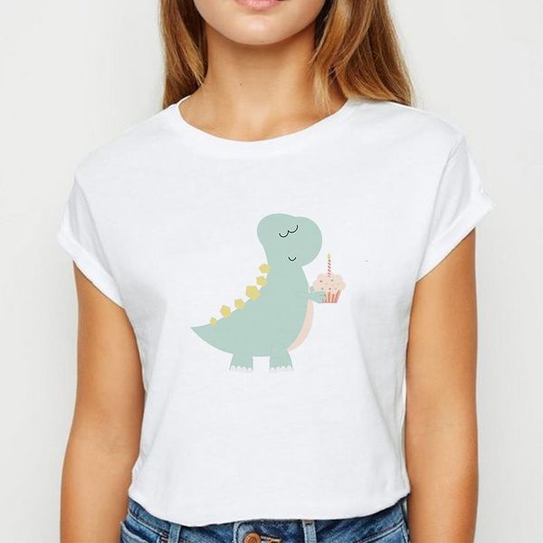 

plus size eat cake dinosaur tshirt young female spring summer t shirt harajuku creative and pretty graphic round collar t-shirt, White