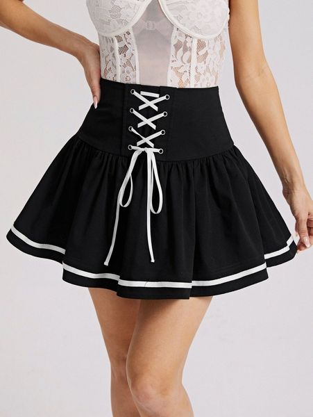 

lace up waist flare skirt i93o#, Black