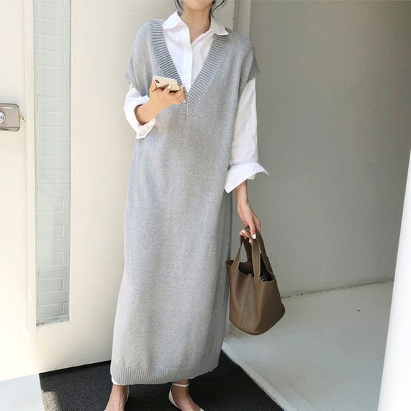 

bgteever chic casual winter oversize straight sleeveless sweater dress women thick knit long dress female knitted vest dress y0118, Black;gray