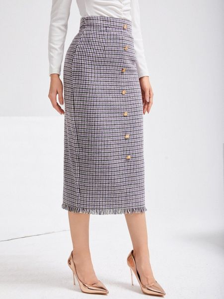 

raw hem button up plaid tweed skirt y33u#, Black