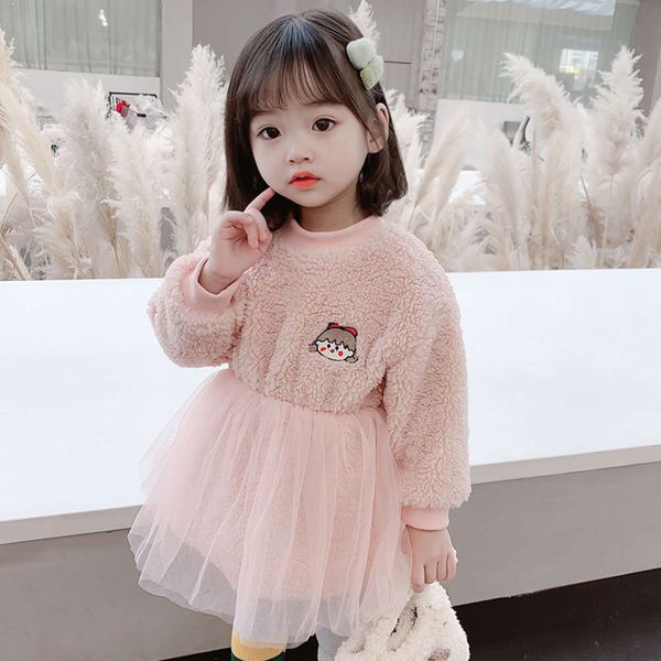 

plush children's thickened mh stitched yarn skirt girls' winter sweater warm drs, Red;yellow