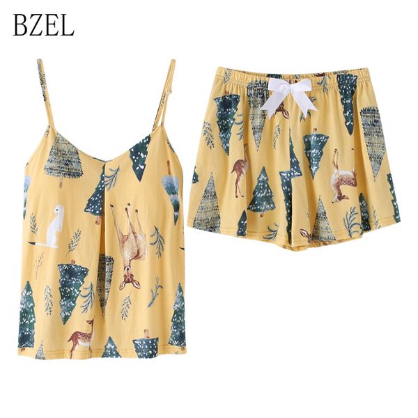 Bzel 2019 Летние стропильные дамы Pajamas без рукавов короткие спящие одежды V-образным вырезом хлопок ночные рубашки мультфильм плюс размер pijamas nightgowns y200708