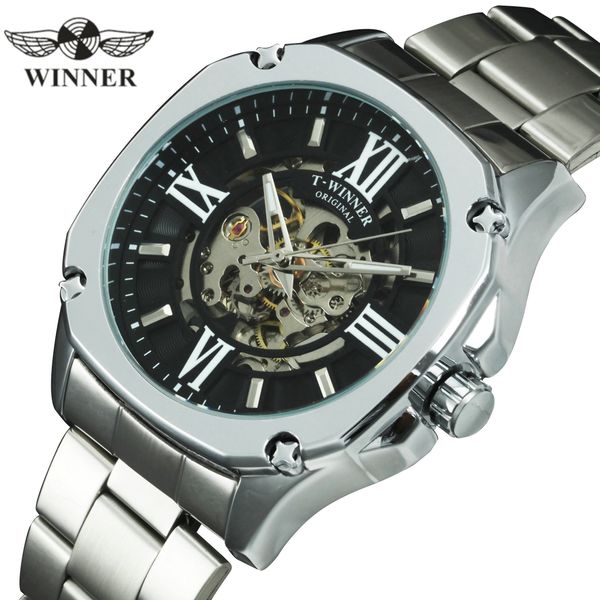 

winner official fashion automatic watch men skeleton mechanical mens watches brand luxury stainless steel square wristwatch 201113, Slivery;brown