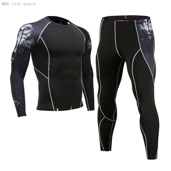 Cabeça de lobo Roupas masculinas de mangas compridas de mangas compridas T-shirt de t-shirt de camiseta 2 peças de tracksuit Leggings de compressão Fitness Camiseta MMA Rashard Kit LJ201125