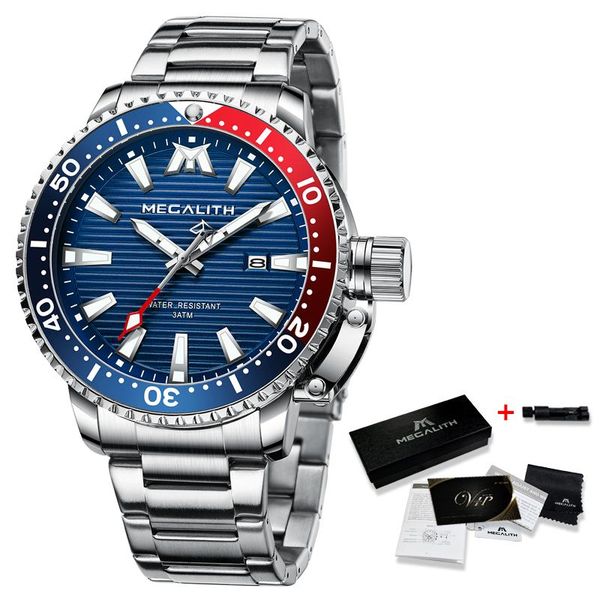 

megalith 2020 новые часы мужчины мода спорт дайвер часы 30м 8605 часы мужчины кварцевые стальные нылия светостойкие водонепроницаемые мужски, Silver