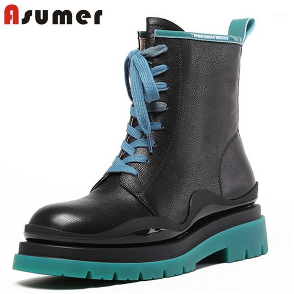 

boots asumer 2021 genuine leather ankle women round toe mixed colors fashion casual shoes ladies motorcycle boots1, Black