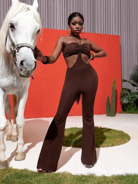 

sxy halter neck tie back ruched bust cut out jumpsuit e2mi#, White