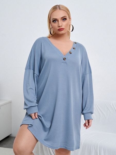 

plus waffle knit fake button drop shoulder dress u2hd#, Black