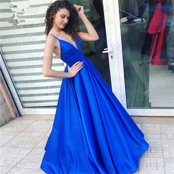 

royal blue evening dress 2020 spaghetti straps vestidos de fiesta v neck open back robe de soiree long prom gowns lj201119, White;black