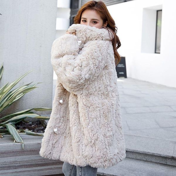 

women new 2021 autumn winter faux fur coat female lapel long sleeve warm furry hairy jackets plush overcoat chaqueta mujer s800, Black