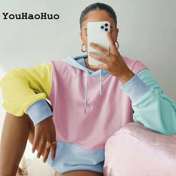 

color patchwork solid oversized sweatshirt hoodie 90s aesthetic long sleeve pullovers female roupas korean streetwear, Black