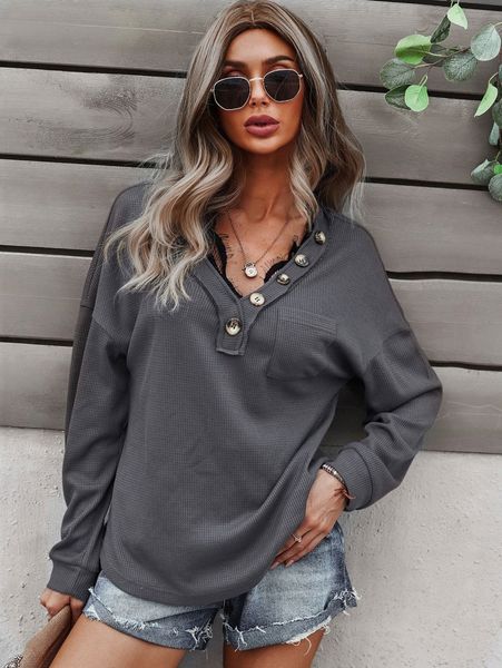 

button detail drop shoulder pocket front waffle knit tee f6oa#, White