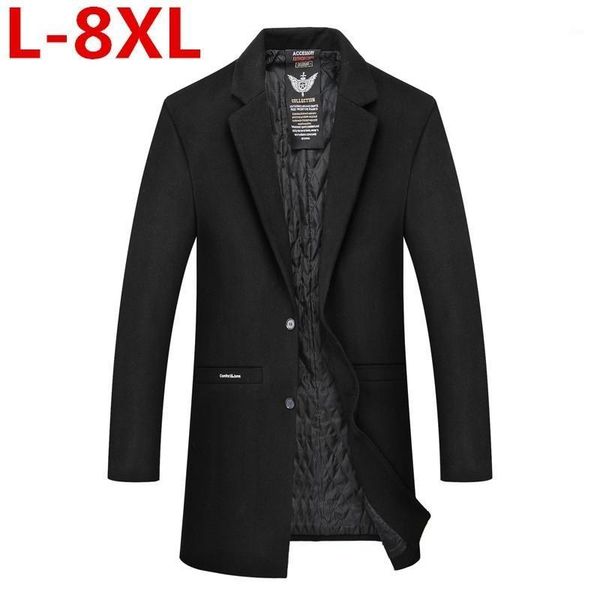 

8xl plus size winter single breasted men's fashion thicken trench coat jacket men's casual windbreaker woolen coats men overcoat1, Black