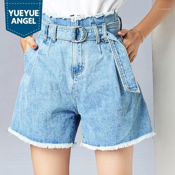

women high waist denim shorts sashes female straight wide leg short jeans new ladies tassel high street feminino denim shorts1, Blue