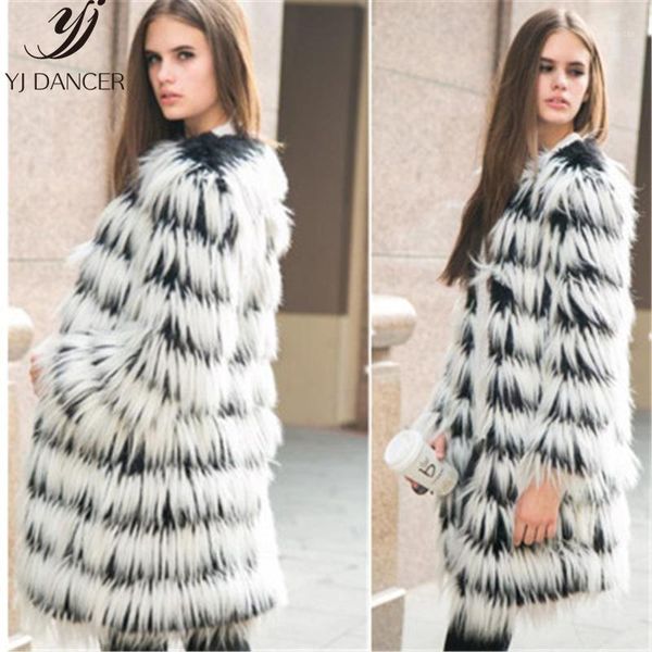 

long section fur coat female 2020 winter fashion new black and white stitching artificial hair long sleeve warm fur coat tide1